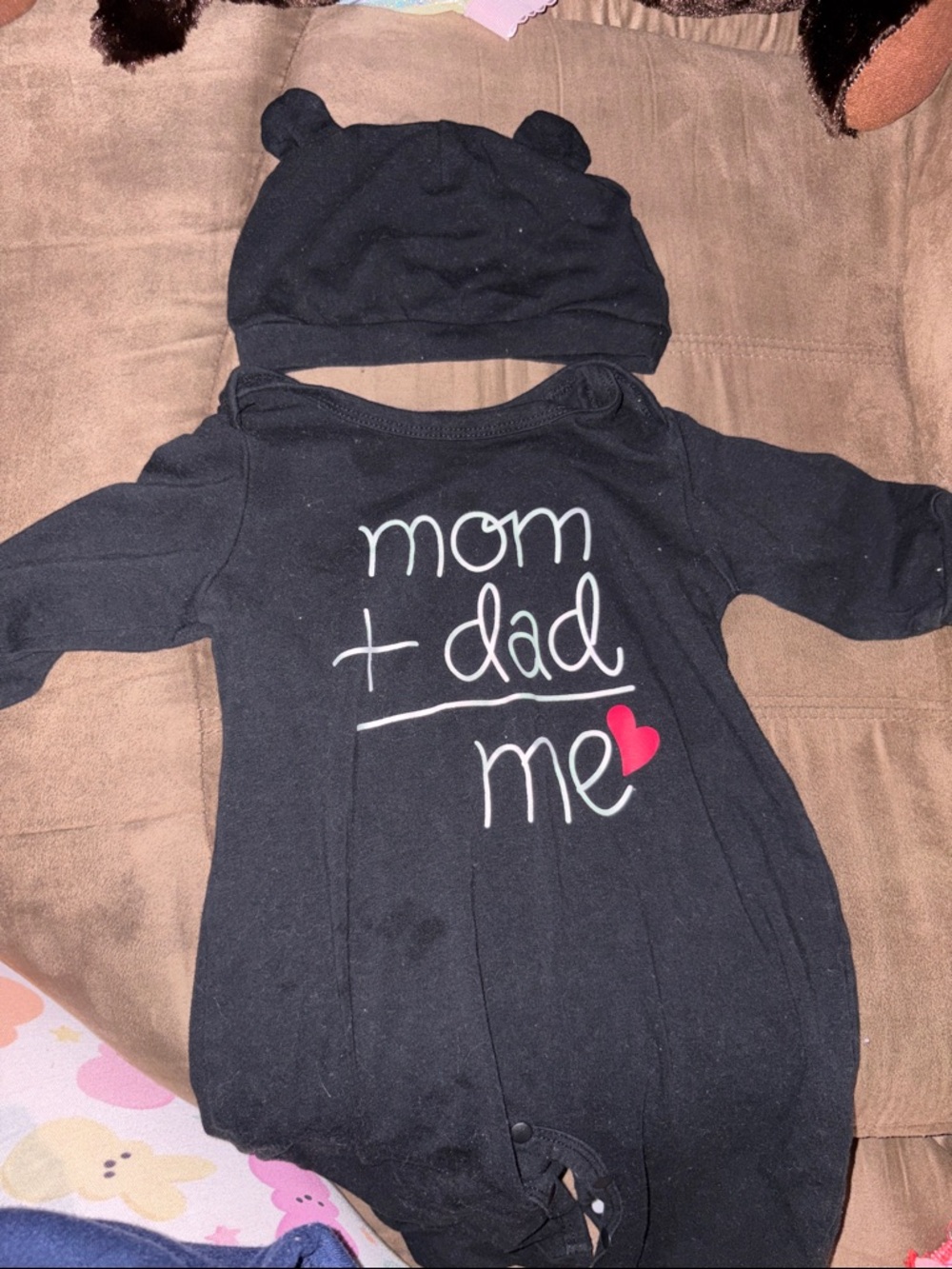 Mom + Dad = Me Black Baby Onesie with Hat